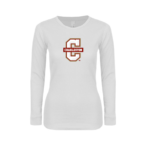  Womens White Long Sleeve V Neck Tee - Official Logo - C Charleston