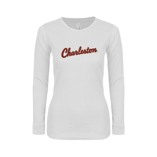  Womens White Long Sleeve V Neck Tee - Charleston Script