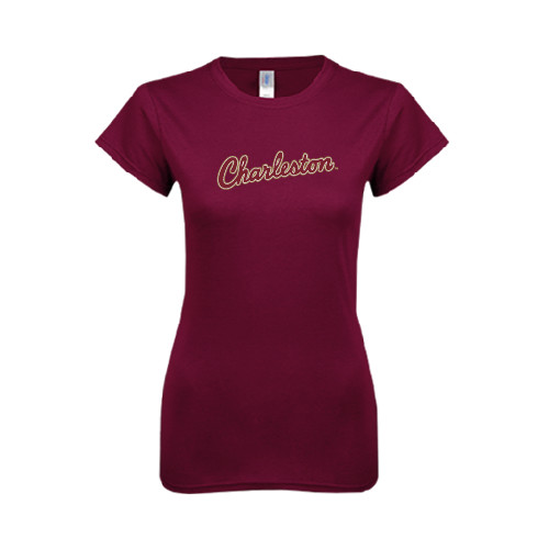  Next Level Womens Maroon Boyfriend Tee - Charleston Script