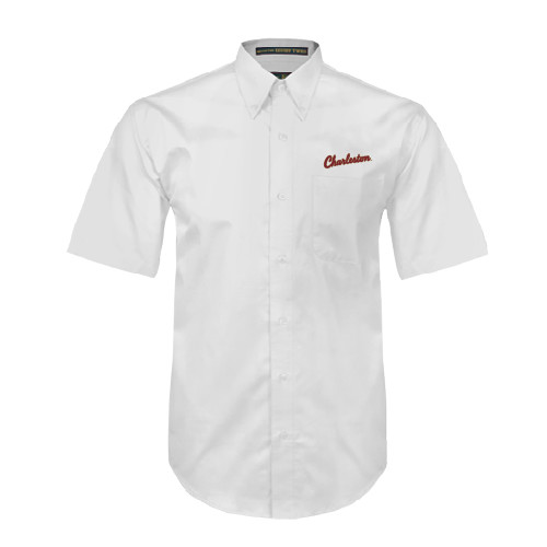  White Twill Button Down Short Sleeve - Charleston Script