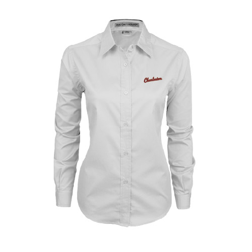  Womens White Twill Button Down Long Sleeve - Charleston Script