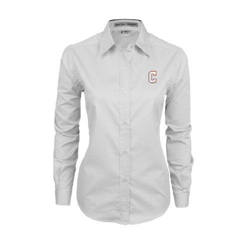  Womens White Twill Button Down Long Sleeve - C