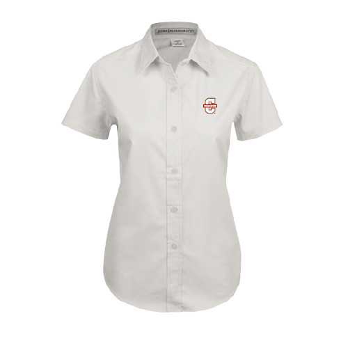  Womens White Twill Button Up Short Sleeve - Official Logo - C Charleston