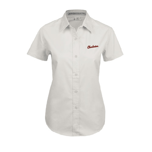  Womens White Twill Button Up Short Sleeve - Charleston Script