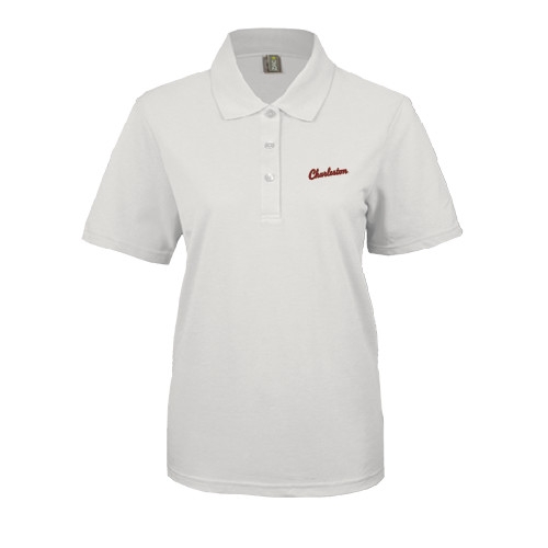  Womens Silk Touch White Pique Polo - Charleston Script