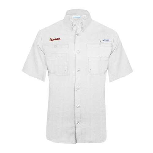  Columbia White Tamiami Performance Short Sleeve Shirt - Charleston Script