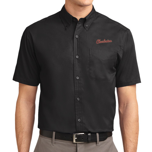  Black Twill Button Down Short Sleeve - Charleston Script