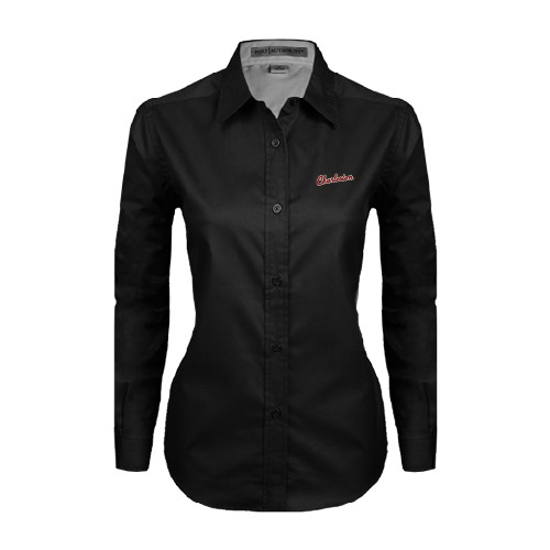  Womens Black Twill Button Down Long Sleeve  - Charleston Script
