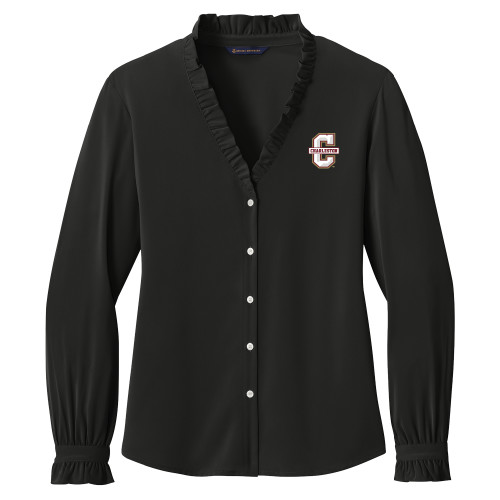  Brooks Brothers Womens Black Long Sleeve Ruffle Collar Blouse - Official Logo - C Charleston