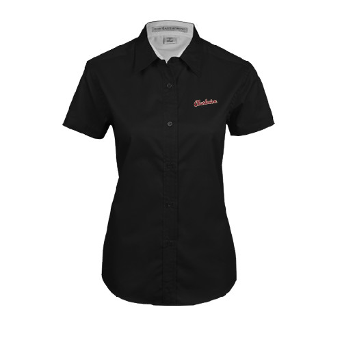  Womens Black Twill Button Up Short Sleeve - Charleston Script