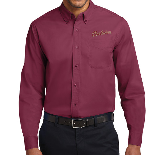 Maroon Twill Button Down Long Sleeve - Charleston Script