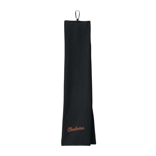  Black Waffle Microfiber Golf Towel - Charleston Script