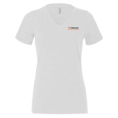  Bella + Canvas Womens White V Neck Cotton T Shirt - Celanese - Primary Logo w/Tagline