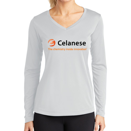  Womens White Performance Long Sleeve V Neck Shirt - Celanese - Primary Logo w/Tagline