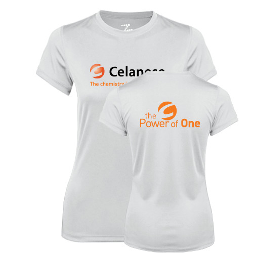  Womens White Performance Tee - Celanese - Primary Logo w/Tagline