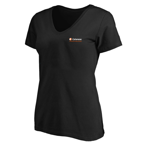  Womens Plus Black V Neck T Shirt - Celanese - Primary Logo w/Tagline