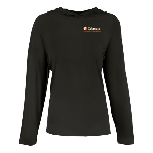  Womens Black Long Sleeve Hooded Tee - Celanese - Primary Logo w/Tagline