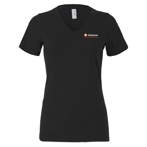  Bella + Canvas Womens Black V Neck Cotton T Shirt - Celanese - Primary Logo w/Tagline