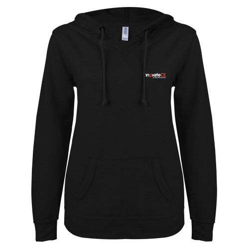 ENZA Womens Black V Notch Raw Edge Fleece Hoodie - innovateCE