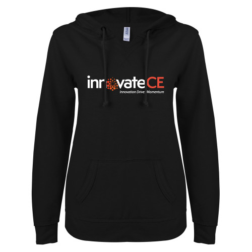  ENZA Womens Black V Notch Raw Edge Fleece Hoodie - innovateCE