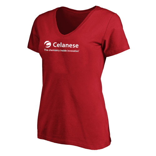  Womens Plus Red V Neck T Shirt - Celanese - Primary Logo w/Tagline