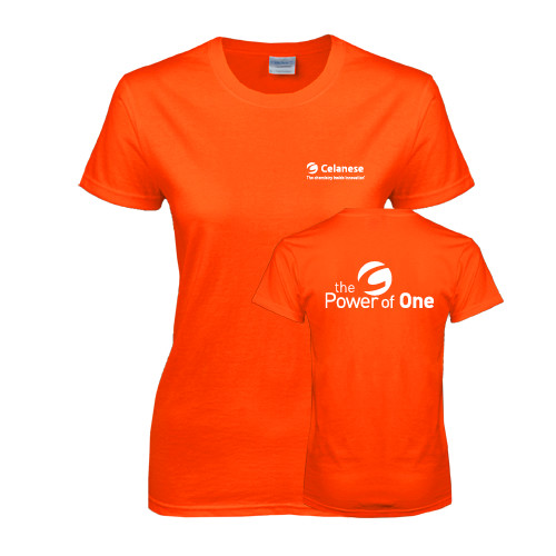  Womens Orange Short Sleeve Tee - Celanese - Primary Logo w/Tagline