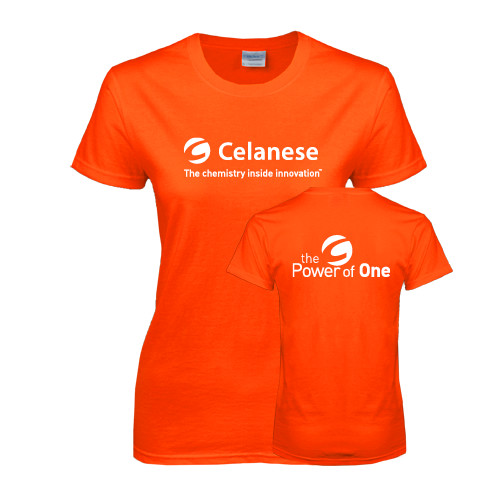  Womens Orange Short Sleeve Tee - Celanese - Primary Logo w/Tagline