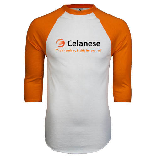  White/Orange Raglan Baseball T Shirt - Celanese - Primary Logo w/Tagline