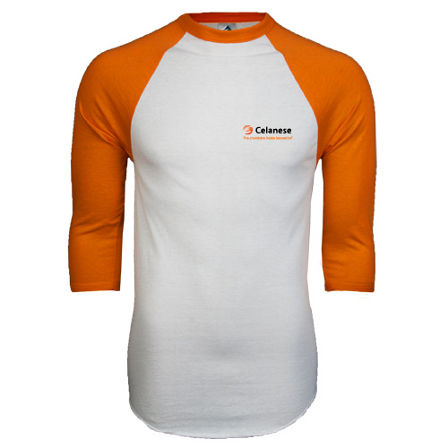  White/Orange Raglan Baseball T Shirt - Celanese - Primary Logo w/Tagline