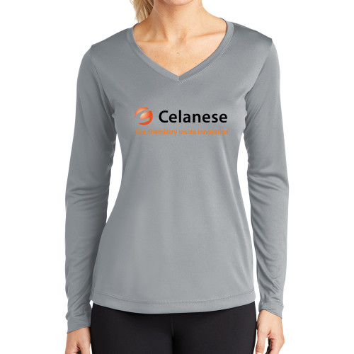  Womens Grey Performance Long Sleeve V Neck Shirt - Celanese - Primary Logo w/Tagline