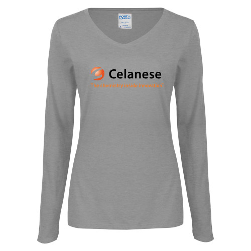  Womens Grey Long Sleeve V Neck Tee  - Celanese - Primary Logo w/Tagline