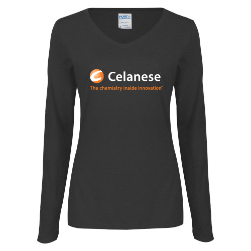  Womens Dark Heather Long Sleeve V Neck Tee  - Celanese - Primary Logo w/Tagline