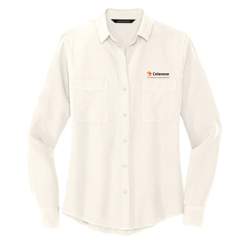  Mercer + Mettle Womens Ivory Crepe Long Sleeve Camp Blouse - Celanese - Primary Logo w/Tagline