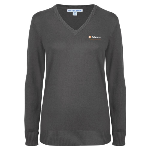  Womens Charcoal Heather VNeck Sweater - Celanese - Primary Logo w/Tagline