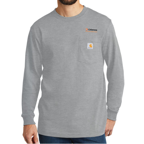  Carhartt Workwear Heather Grey Long Sleeve Pocket T Shirt - Celanese - Primary Logo w/Tagline