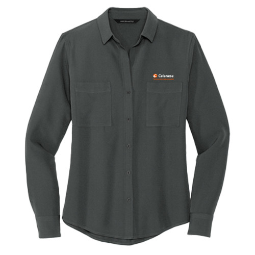 Mercer + Mettle Womens Grey Crepe Long Sleeve Camp Blouse - Celanese - Primary Logo w/Tagline