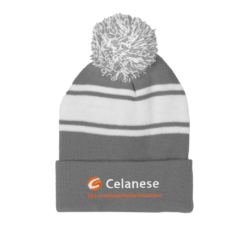  Grey/White Two Tone Knit Pom Beanie w/Cuff - Celanese - Primary Logo w/Tagline