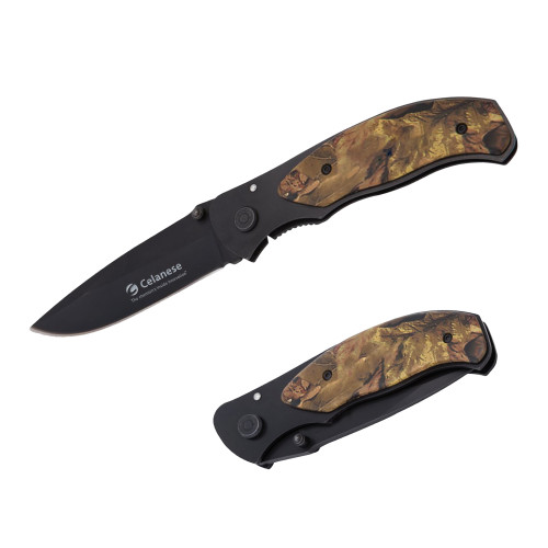  Black Stainless Steel Camo Utility Knife - Celanese - Primary Logo w/Tagline Engraved