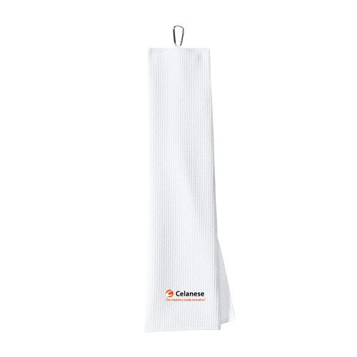  White Waffle Microfiber Golf Towel - Celanese - Primary Logo w/Tagline