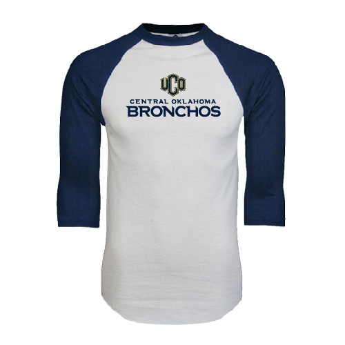  White/Navy Raglan Baseball T Shirt - Central Oklahoma Bronchos Official Logo