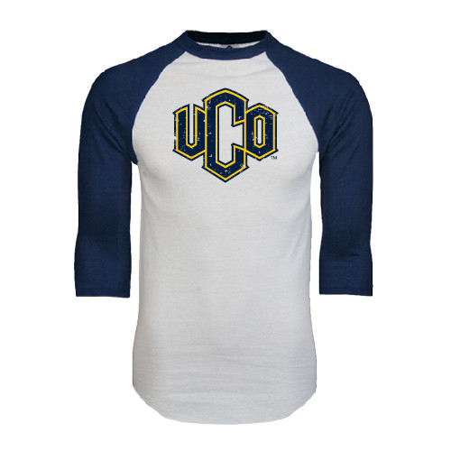  White/Navy Raglan Baseball T Shirt - Official Logo Distressed