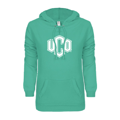  ENZA Womens Seaglass V Notch Raw Edge Fleece Hoodie - Official Logo
