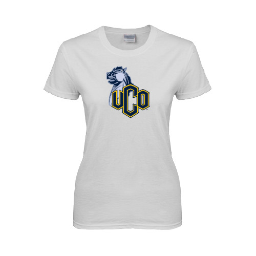  Womens White Short Sleeve Tee - UCO with Mascot