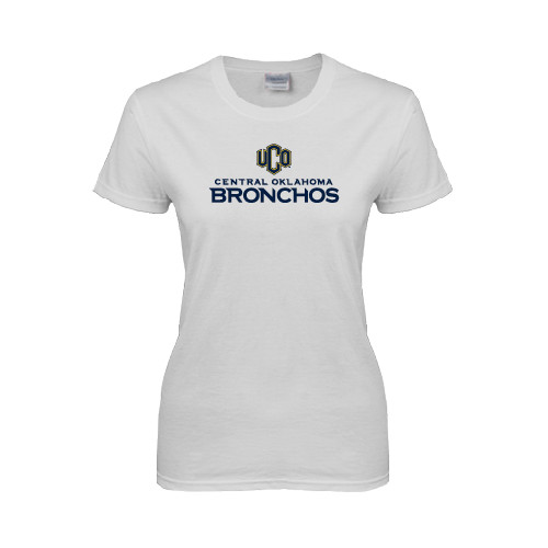  Womens White Short Sleeve Tee - Central Oklahoma Bronchos Official Logo