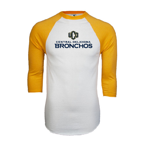  White/Gold Raglan Baseball T Shirt - Central Oklahoma Bronchos Official Logo