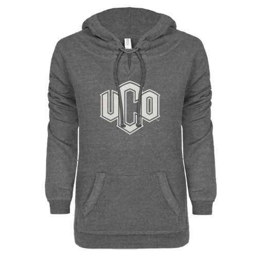  ENZA Womens Dark Heather V Notch Raw Edge Fleece Hoodie - Official Logo