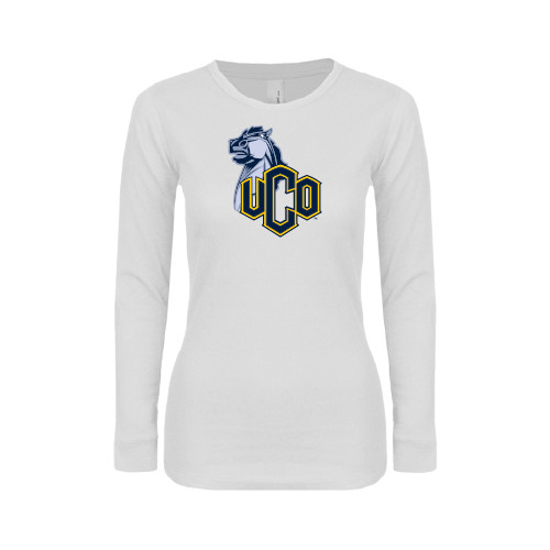  Womens White Long Sleeve V Neck Tee - UCO with Mascot