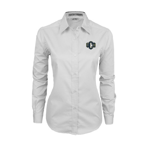  Womens White Twill Button Down Long Sleeve - Official Logo