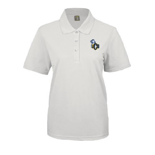  Womens Silk Touch White Pique Polo - UCO with Mascot