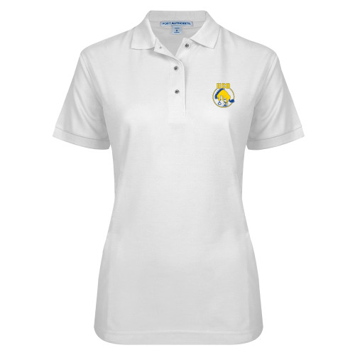  Womens Silk Touch White Pique Polo - Vintage Bronchos Logo